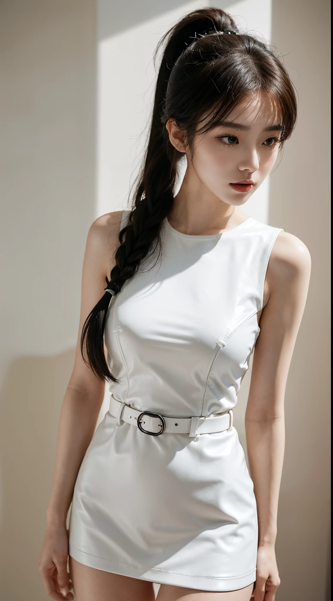 1girl, slender korean kpop idol and model ,ponytail hairstyle ,23 years old,soft body, big breast, fair skin,close-up, 8k, RAW photo, best quality, masterpiece,realistic, photo-realistic,cute,mansion , summer ,soft light, High image quality,( elegant black high waist dress with white leather belt ) , head to leg