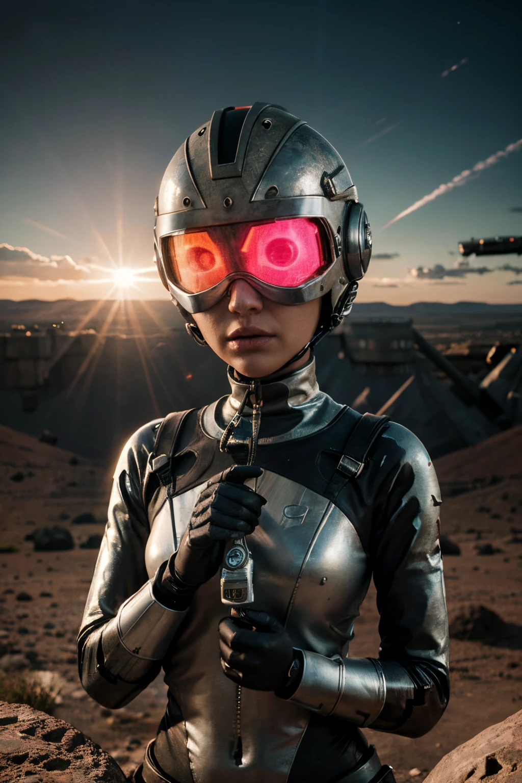 A Modern flat toon Crazy whit a Big ONE a Only Eye Robot and helmet Style, tongs in hands, Tv head, pinhead, camouflage PINK Rusty, Ambient in a meteorite crater super detailed, center, beautiful, soft lighting, focused on the character, 4K resolution, photorealistic rendering,