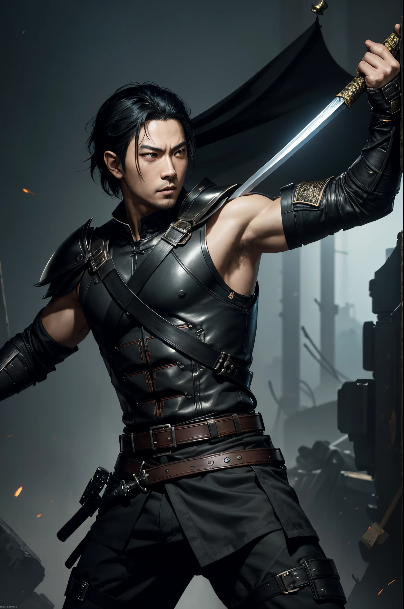 8K,A man wearing leather clothes is holding a Japanese sword, young man's small,Black combat uniform,black combat pants,Black eyes,Black Hair Bob Hair,Black Gauntlet,Black shoulder armor,by Yang J, range murata and artgerm, caleb from critical role, handsome guy in demon slayer art, wlop and ross tran, by ruan jia and stanley artgerm, Jason Chan, Stunning character art, ross tran and bayard wu, ArtgermとCraig Mullins,超A high resolution,super realistic skin,combat scene,action scene,Fantasyart,Super handsome,