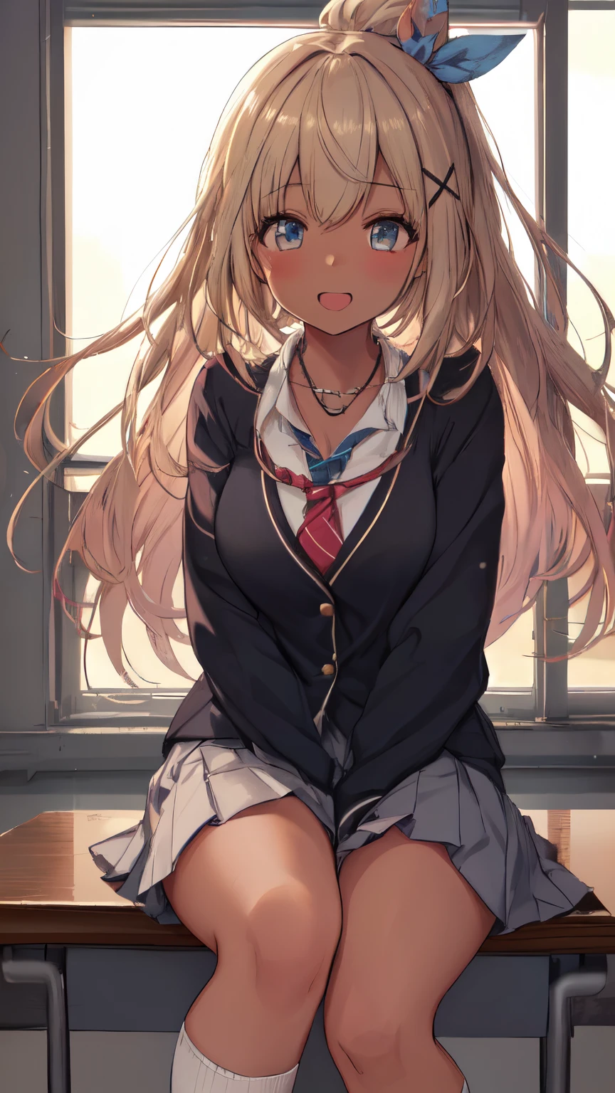 (8k, RAW photo, best quality, masterpiece:1.2), (extremely detailed 8k wallpaper),illustration、professional lighting,sharp focus, depth of field、
nsfw、clear eyes、perfect anatomia、Perfect litthing、、loli、2 girlslaugh:1.2)、(leaning forward:1.3)、
(Dark skin:1.5)、(a blond:1.5)、high ponytail、((necklace, colorful bracelet, X hair ornament):1.2), 、huge tit、、Plump thighs、(MAKE UP:1.3)、
(school uniform, blazer:1.3)、(Loose socks below the knee:1.5)、
、cowboy  shot、‎Classroom、schools、