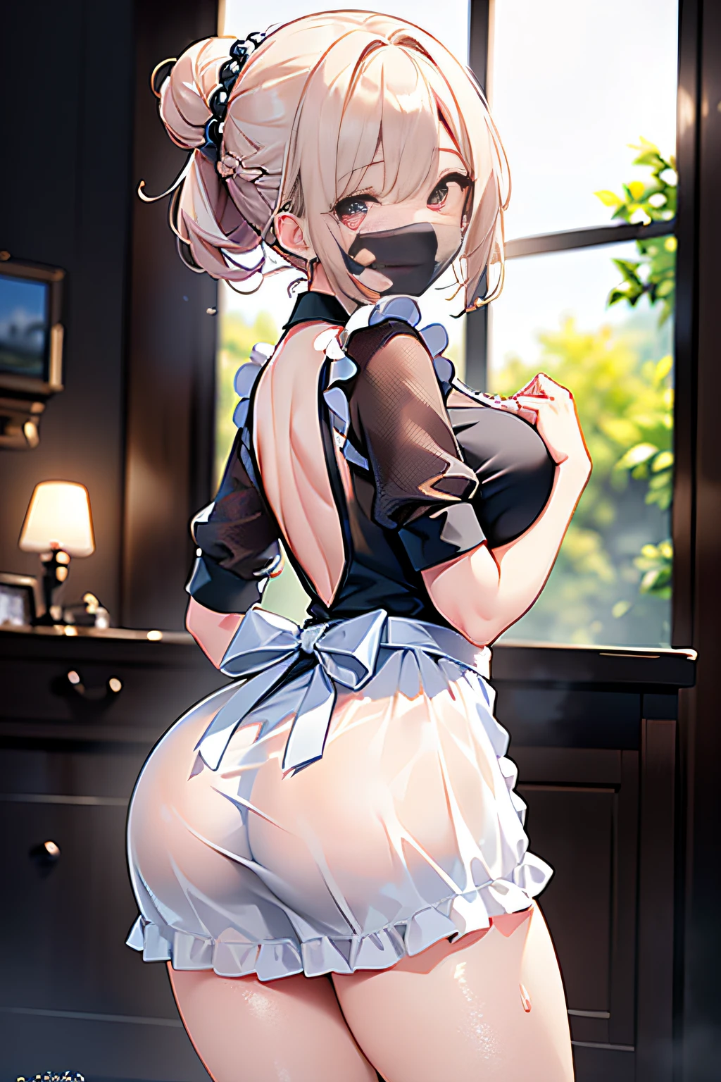 (A masterpiece of image quality in 8K),(Beautiful Ala-Fed Woman),(((emphasizing breasts:1.3))),(Dynamic angles),(Dynamic and sexy bending pose:1.3),,(Short hair in shiny silver and orange inner colors,large full breasts,Disturbance of clothing due to movement,breast slip,(Ponytail twisted buns adorned with elaborate braids and beads,Braided Setup Fishbone Hair,),(see-through bangs),(((Large white lace apron on bare skin)))、Blush with embarrassment、Enraptured eyes、A smile that beguiles the viewer、(Look back:1.7)、Look into the photographer,skin glistening with sweat,gazing at viewer,,(Professional Lighting),(8K,masutepiece,top-quality,Ultra-high resolution output image,),(Ultra HD with complex detail image modes),depth of fields,Beautiful hands,Beautiful fingers,Detailed finger features,(Detailed hair features:1.7),detailed facial features,detailed clothes features,