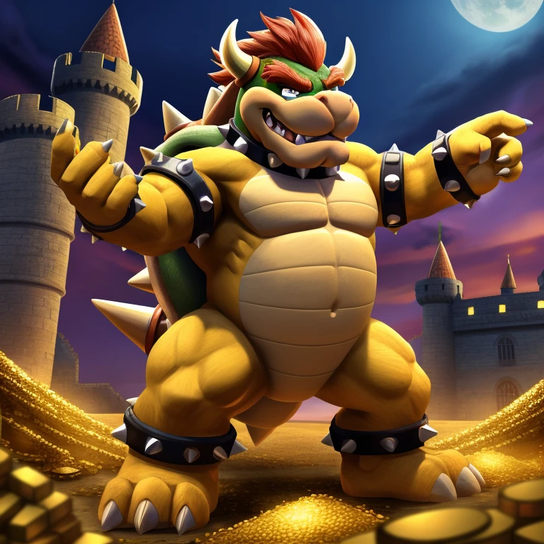 full body, Bowser, solo, male, best quality, highly detailed, 8K, castle background, grinning expression, standing in treasure, dominating pose,