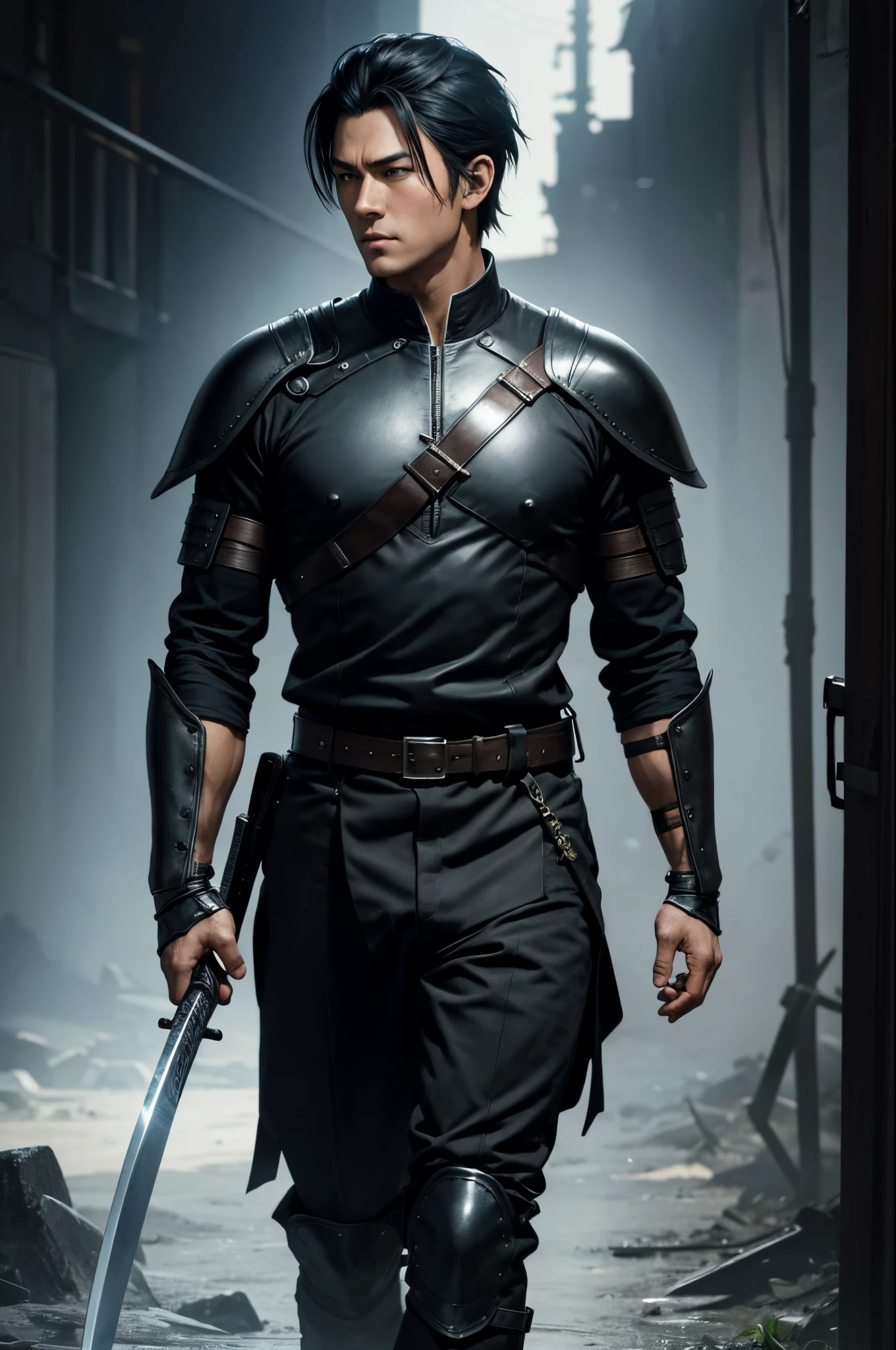 8K,A man wearing leather clothes is holding a Japanese sword, young man's small,Black combat uniform,black combat pants,Black eyes,Black Hair Bob Hair,Black Gauntlet,Black shoulder armor,by Yang J, range murata and artgerm, caleb from critical role, handsome guy in demon slayer art, Stunning character art, ArtgermとCraig Mullins,超A high resolution,super realistic skin,combat scene,action scene,Fantasyart,Super handsome with a slim and muscular body,