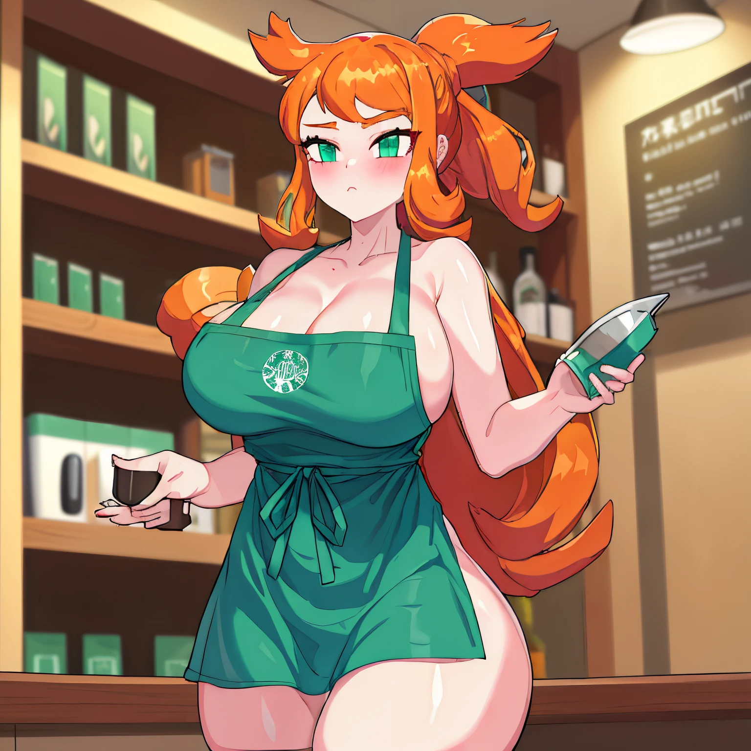 ((masterpiece)), (((best quality))), ((ultra-detailed)), (((illustration))), detailed face, ultra cute face, detailed body, ((1girl)), ((solo)), Fluffy hair, medium hair, (sideways ponytail), orange hair, (smug look), upper_body, ((gigantic breasts:1.5)), cleavage, long hair, ((green naked apron)), sonia, bar, shelves, standing behind bar, serving alcoholic drinks, inside, midnight, seductive, drunk blush, thick thighs