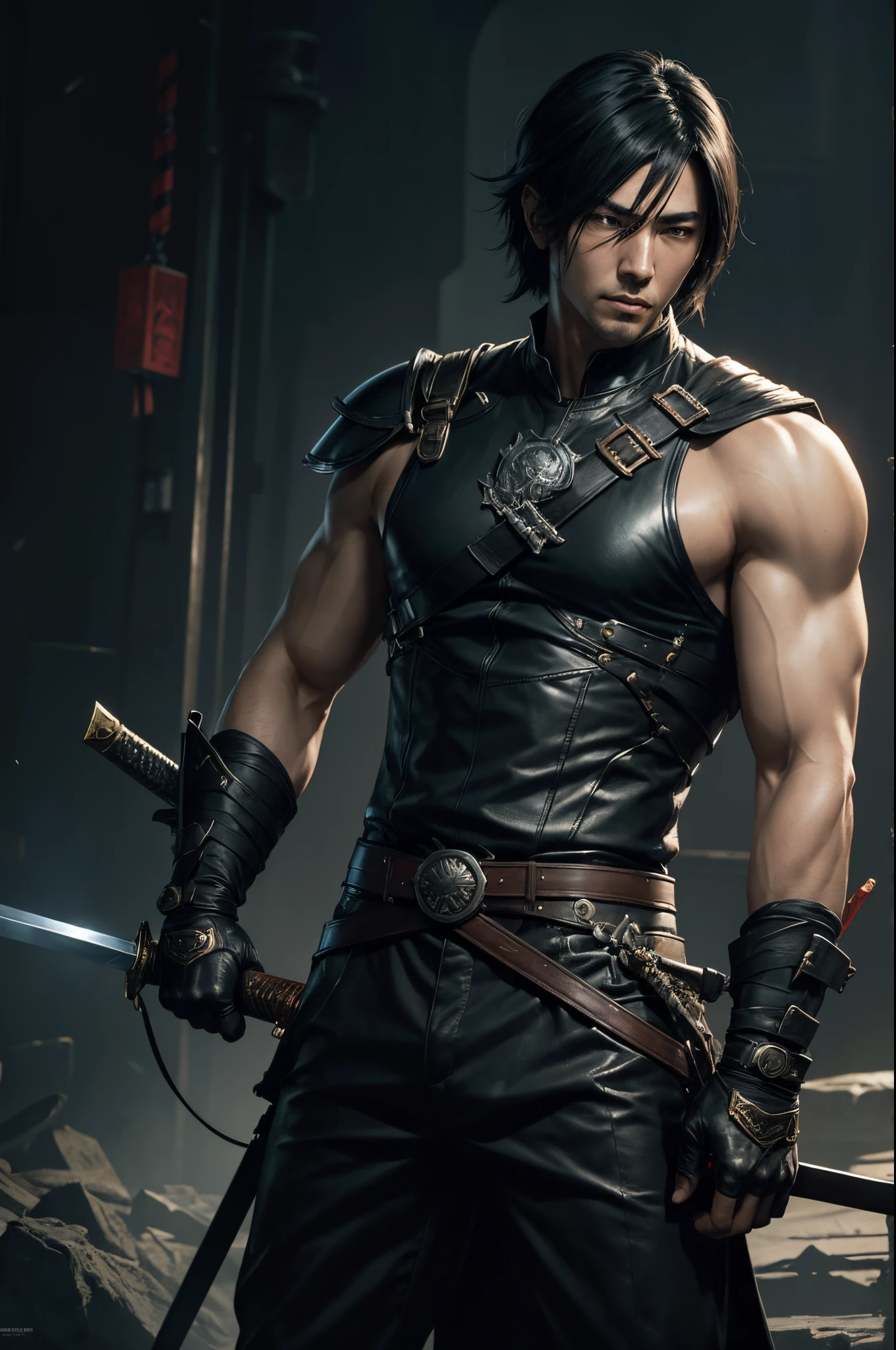 8K,A man wearing leather clothes is holding a Japanese sword,  boys,Black combat uniform,black combat pants,Black eyes,Black Hair Bob Hair,Black Gauntlet,Black shoulder armor,by Yang J, range murata and artgerm, caleb from critical role, handsome guy in demon slayer art, wlop and ross tran, by ruan jia and stanley artgerm, Stunning character art, ross tran and bayard wu, ArtgermとCraig Mullins,超A high resolution,super realistic skin,combat scene,action scene,Fantasyart,Super handsome,