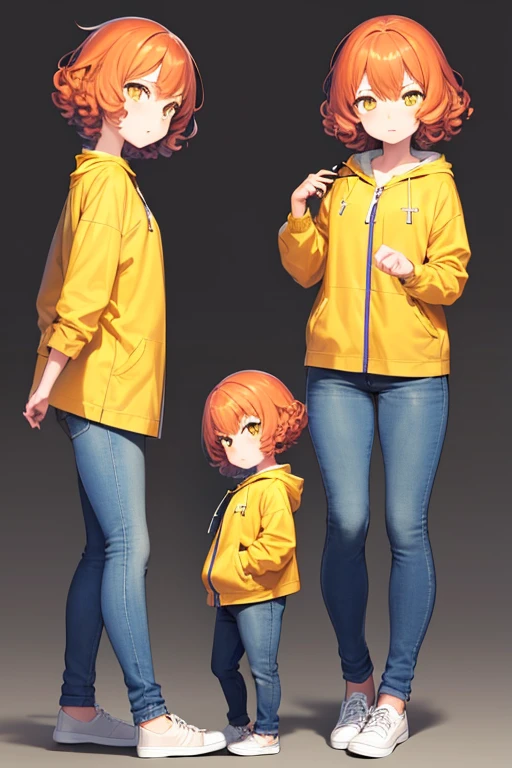 ((masterpiece)), best quality, expressive eyes, perfect face, (1girl), small lady, curly short hair, orange hair, yellow eyes, medium hair, yellow jacket and jeans, {{{{{holding a battle slingshot}}}}}, full body side view