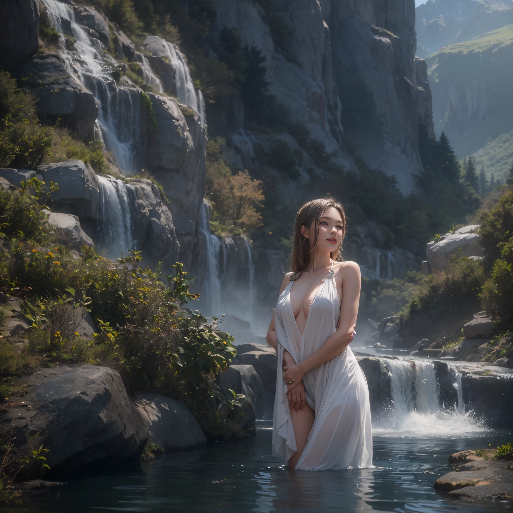 (Best quality, 8k, 32k, Masterpiece, UHD:1.2) water nymph welcomes you to her private stream, high in the mountains, jewelry, clothed, sfw, scandinavian, closeup, smile