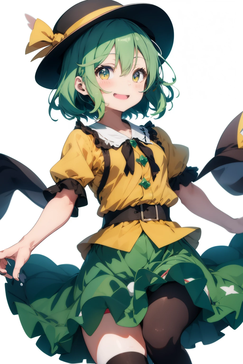 Komeiji Koishi from touhou,
1girl, (little girl),
bright, colorful, cute anime face, adorable,
(((White background))),
blush,smile,
((black tights)),
green short hair, black hat, green skirt, yellow shirt,
intense angle,