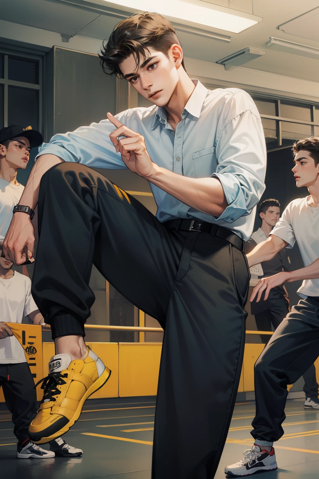 ((best quality)), ((masterpiece)), (detailed), perfect face, young man, short hair, sporty, hip hop dancing