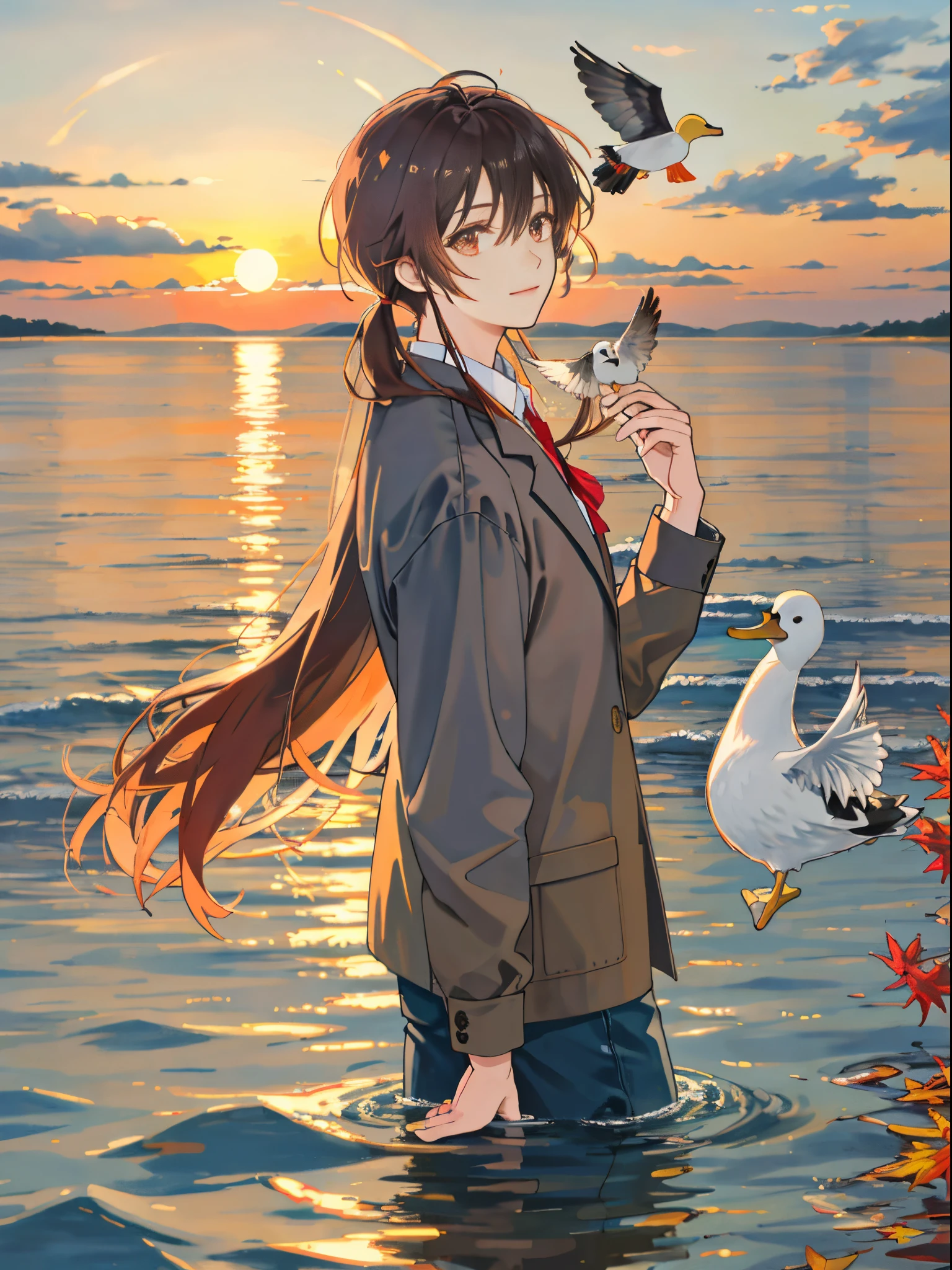 The sunset and the lone duck fly together, and the autumn water is the same color as the sky