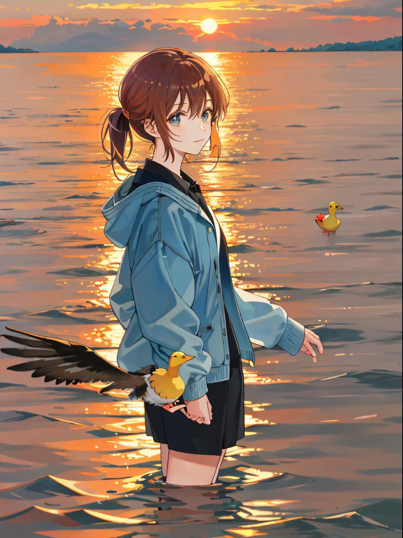 The sunset and the lone duck fly together, and the autumn water is the same color as the sky