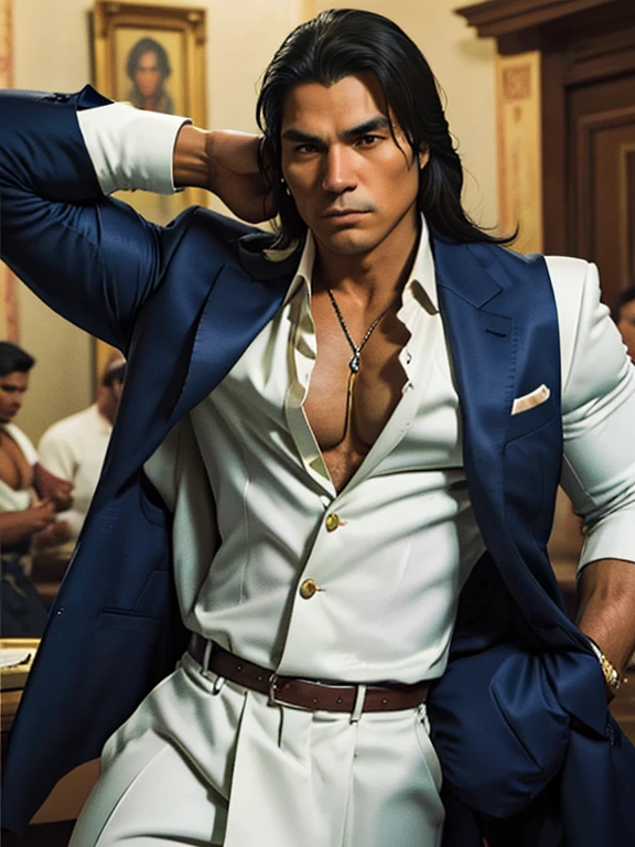 a Native American Indian man with an athletic body, exibindo uma distintiva cicatriz no seu olho direito. He dresses elegantly and incorporates elements of a mafia style., like a tailored suit and signature accessories. Explore nuances that highlight the unique fusion of these characteristics, Highlighting Facial Expressions, posture and background elements that contribute to this composition.