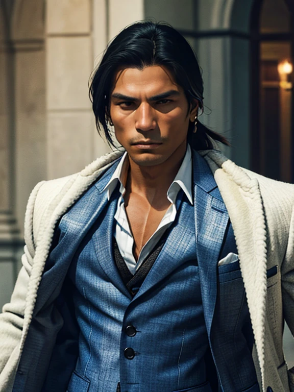 a Native American Indian man with an athletic body, exibindo uma distintiva cicatriz no seu olho direito. He dresses elegantly and incorporates elements of a mafia style., like a tailored suit and signature accessories. Explore nuances that highlight the unique fusion of these characteristics, Highlighting Facial Expressions, posture and background elements that contribute to this composition.