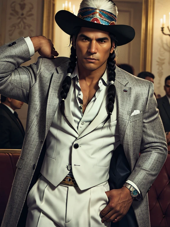 a Native American Indian man with an athletic body, exibindo uma distintiva cicatriz no seu olho direito. He dresses elegantly and incorporates elements of a mafia style., like a tailored suit and signature accessories. Explore nuances that highlight the unique fusion of these characteristics, Highlighting Facial Expressions, posture and background elements that contribute to this composition.