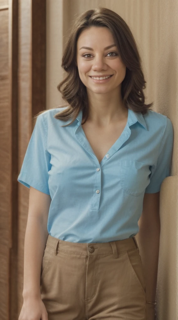 smiling woman with long brown hair, wearing a green shirt with khakis shorts, this person does not exist, sarcastic smile showing teeth, 30 years old, victoria justice-luciana carro-begoña  vargaethany joy lenz-claire danes-kay cannon-troian bellisario-inbar lavi-isabela moner-natalia cordova buckley-mila kunis-chelsea kane merged, entire body visible, full body, hyperrealistic, best quality, 8K, masterpiece, extremely intricate, detailed eyes, detailed face, detailed body, exaggerated features, pronounced features, fujifilm