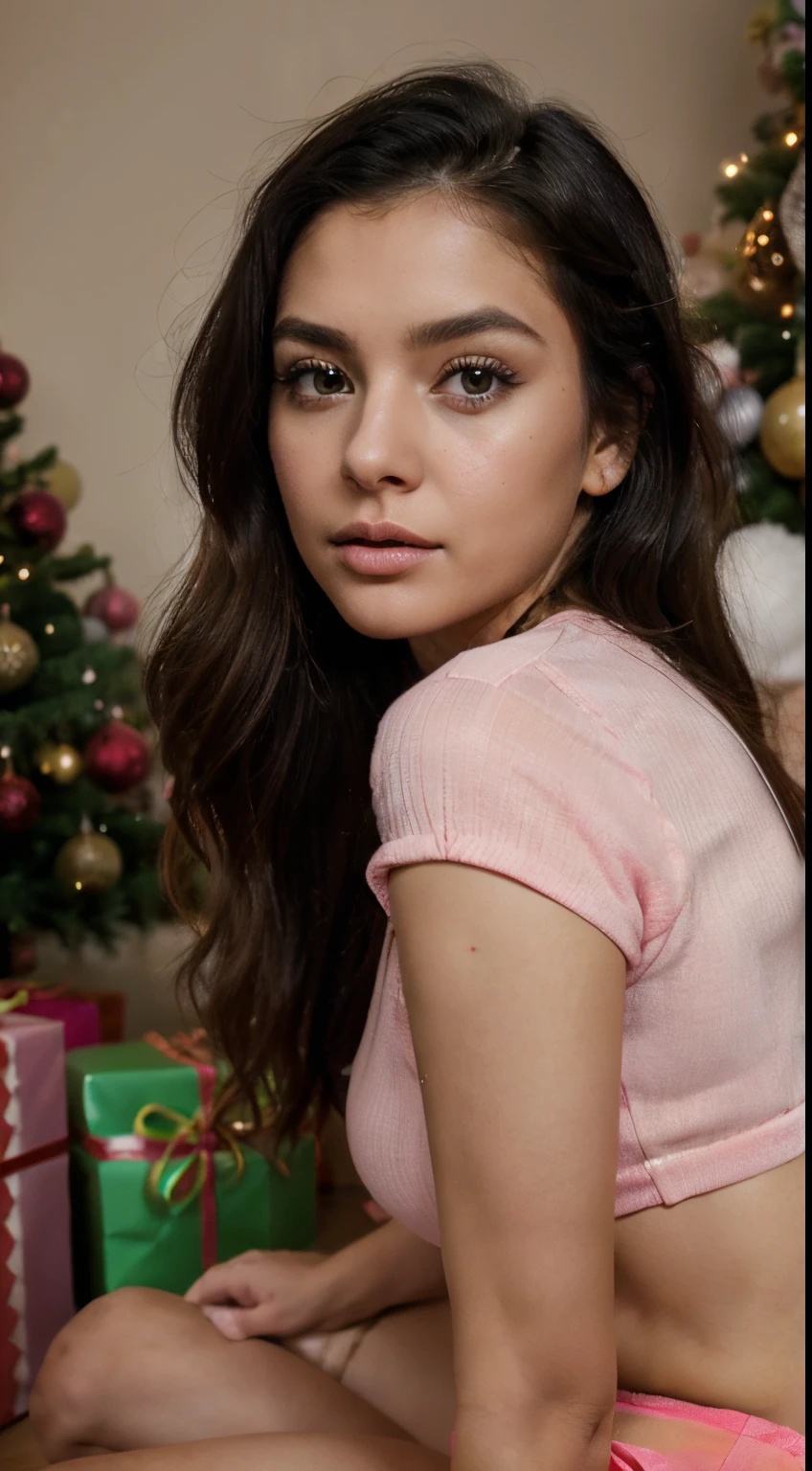 highres,realistic,ultra detailed,portrait,young,beautiful,labanese,girl,20 years old,big eyes,detailed facial features,long eyelashes,sharp beautiful nose,wavy black hair,natural makeup,fashionable attire,vivid colors,soft lighting,warm tones,rich skin texture,subtle shadows,natural environment,wearing pink tight panty and pink top,sitting on her knees on the ground near a Christmas tree,Christmas tree is decorated and have some dim lights on it,few packed presents under the Christmas tree,picture the captured from the side,she is looking to the side
