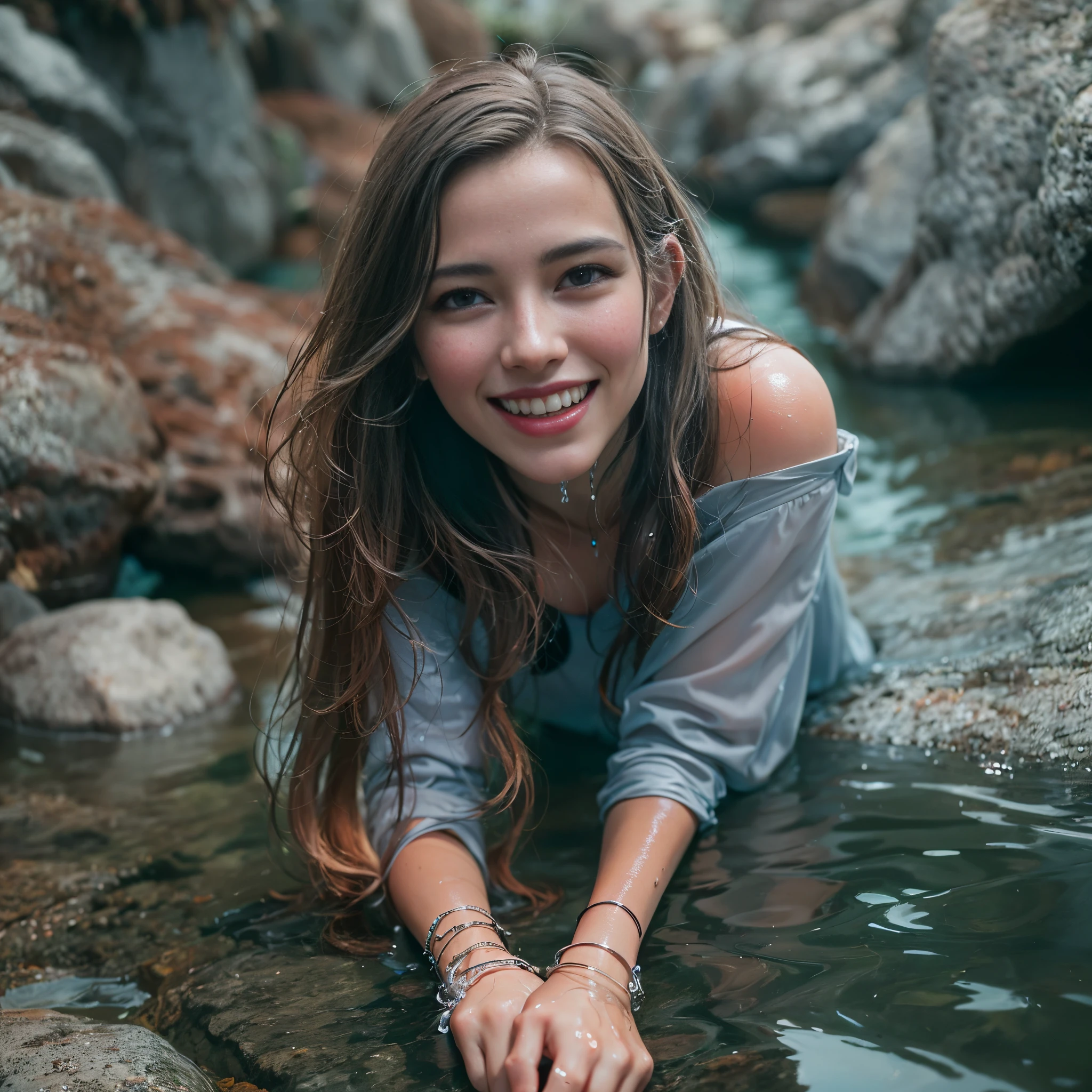 (Best quality, 8k, 32k, Masterpiece, UHD:1.2) water nymph welcomes you to her private rock pool, high in the mountains, jewelry, clothed, sfw, scandinavian, closeup, smile, wet clothes
