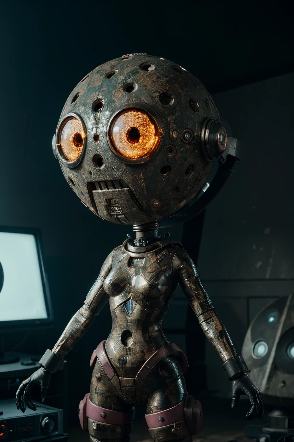 A Modern flat toon Crazy whit a Big ONE a Only Eye Robot and helmet Style, tongs in hands, Tv head, pinhead, camouflage PINK Rusty, Ambient in a meteorite crater super detailed, center, beautiful, soft lighting, focused on the character, 4K resolution, photorealistic rendering,