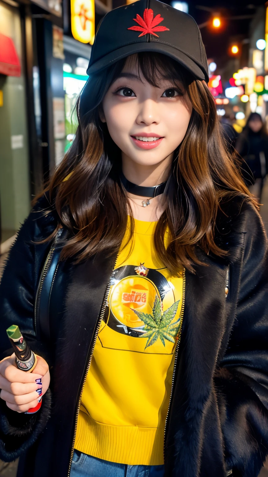Best-quality, Masterpiece, Ultra-High-Resolution, (Photorealistic:1.4), Raw-Photo, Extremely-Details, Perfect-Anatomy, Ultra-Detailed,
1girl, 16-years-old, the most famous Japanese idol, grinning, in Tokyo's main street, ((((walking while smoking lighted marijuana joint)))),
wearing black baseball cap with cool design and black luxurious fur coat,
extremely cute face llike a most popular Japanese actress, extremely beautiful big black solid circle eyes, extremely beautiful lips, extremely beautiful realistic skins, extremely beautiful body, perfect proportion,
detailed black baseball cap with cool design, detailed black luxurious fur coat, detailed Tokyo's main street, ((detailed lighted marijuana joint, detailed lots of smoke from lighted marijuana joint))