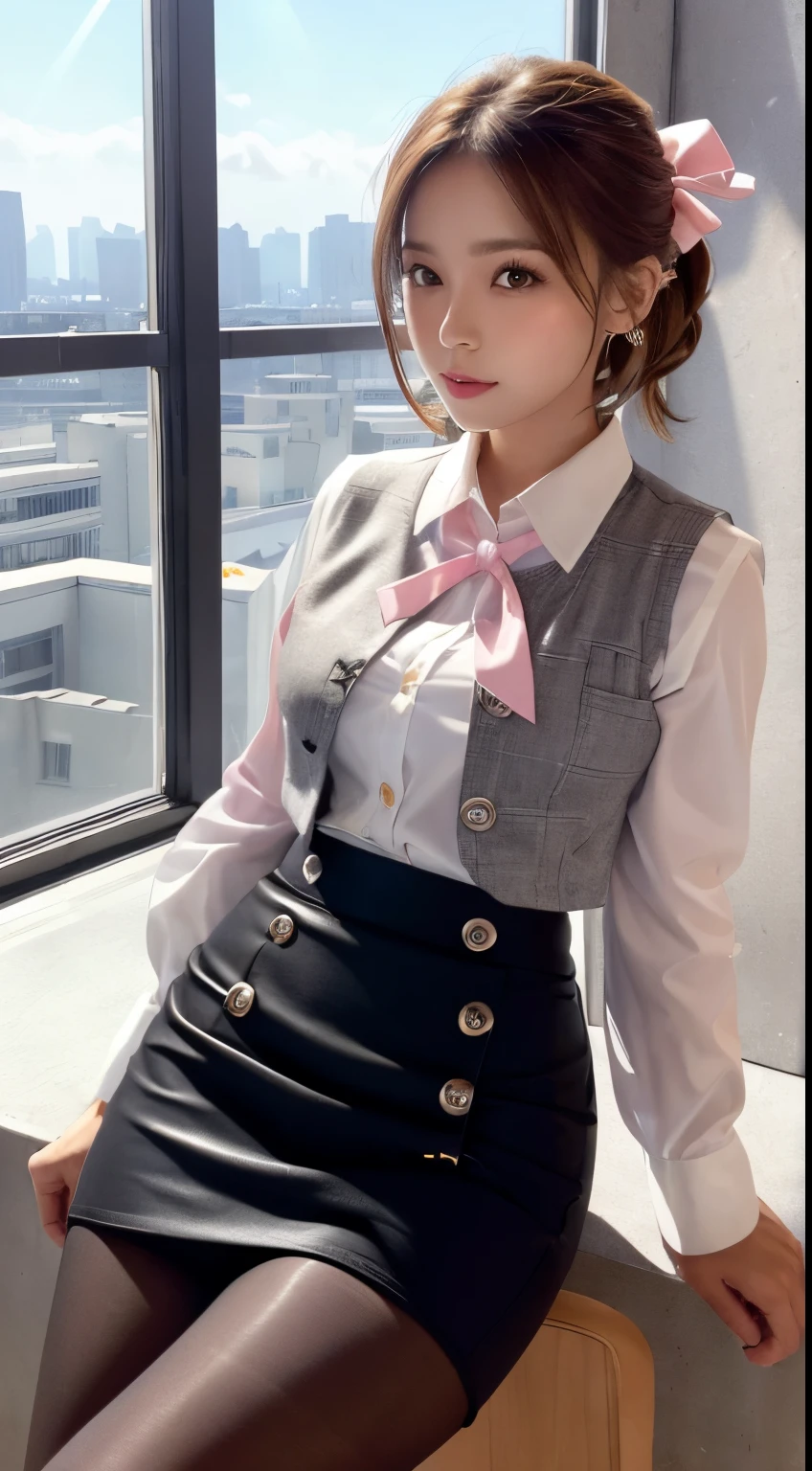 of the highest quality, High Definition, 16 K, Detailed background,
beautiful girl is sitting in the office, Open her legs, Plump breast, Light brown bob hair,beautiful light brown eyes , Flushed face, Looking at the viewer,
BREAK (white and gray theme:1.3), (wearing in [[white and gray check pattern]] Vest worn over white collared long-sleeved shirt:1.4), (gray vest with buttons:1.2),
BREAK (Pink Theme:1.2), (pink ribbon bow:1.3),
BREAK (Black theme:1.4), (Tight black pencil skirt:1.5), (pantyhose:1.3), (high-heels:1.1),
Sunset city, beautiful orange sky and clouds,