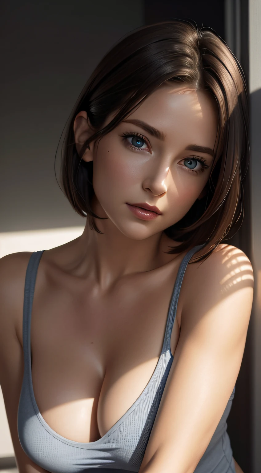 Skin Tight Top:1.2, Looking at Viewer, Cinematic lighting, Perfect, softlight, High resolution skin:1.2, Realistic skin texture, 30 years old mature woman、a small face、no-makeup、, off shoulders,Bust B Cup、 Exposed cleavage,Blue eyes, Short hair, dark brown  hair、fullnude、Gray background、