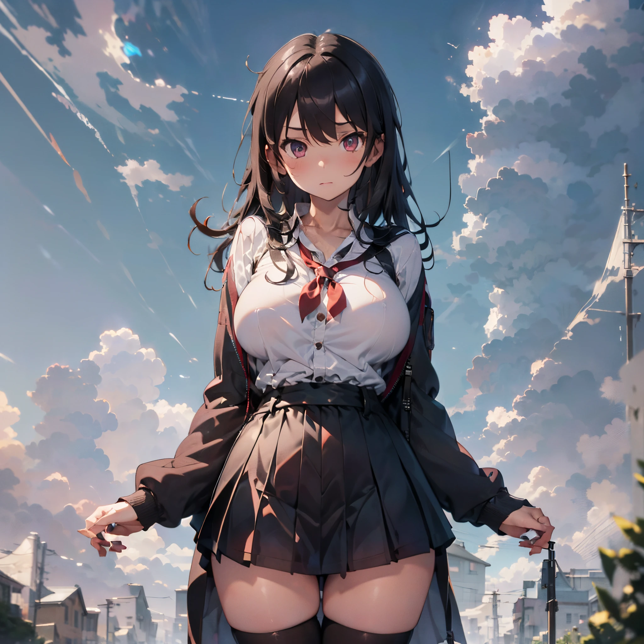 (1 girl standing:1.3), (solo:2.0), (huge perky breasts:2.0), (thin waist:1.3), (thin long legs:1.5), (black thighhighs:1.3), (very short miniskirt:1.8), nose blush, embarrassed, school uniform, cardigan, (liquids flowing down things:1.5)