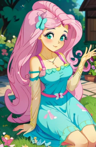 Voluptuous busty Fluttershy, fluttershy form my little pony, fluttershy in the form of a girl, butterflies around her, pink long hair, turquoise eyes, playing in a garden, flowers, lush breast, soft smile, pink green long dress, sitting, yellow wings, holding flowers, heavenly nature, pink shoes, long sleeves, blush, big yellow wings, yellow pony ears on top of her head, sitting on a white chair