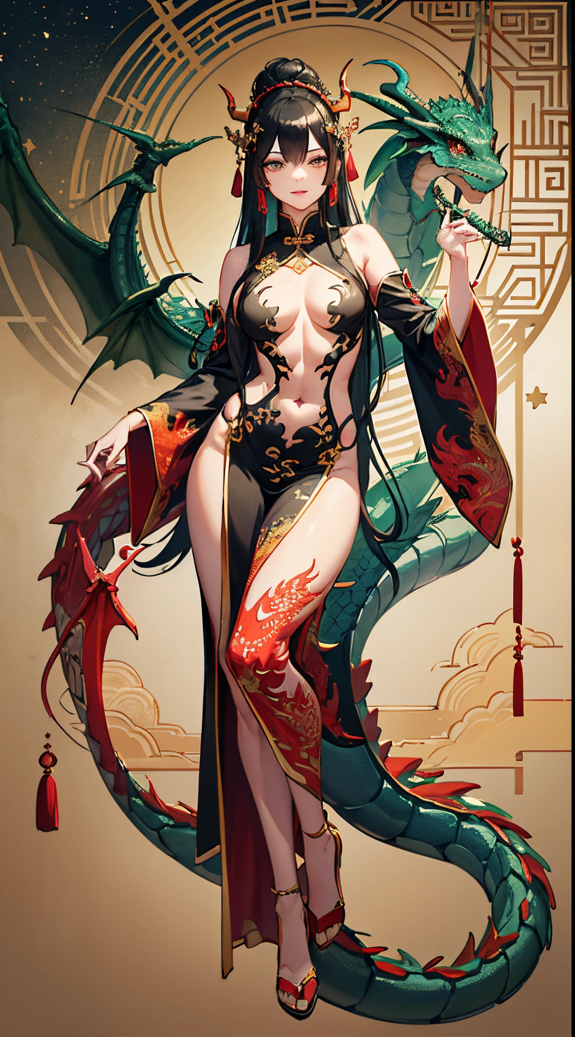 masterpiece, highres, ultra detailed, (ultra-detailed background, detailed background), green dragon girl, 1girl, monstergirl, dragon like girl with dragon tail, perfect face, long black hair, chinese haircut, hair bun, red and golden color of dress, detailed face, detailed hands, detailed body, detailed eyes, symbol of the year, Chinese lunar calendar, (zentangle:1.2), (geometric:1.2), colorful, full body, holding smoking tube, ((sexy idle pose, looking to the viewer)), ((traditional Chinese clothes)), ((dragon body skin:1.5)), stars on background, muscular body, perfect athletic fit body, Chinese ornaments tattoos, dragon-girl of Chinese culture