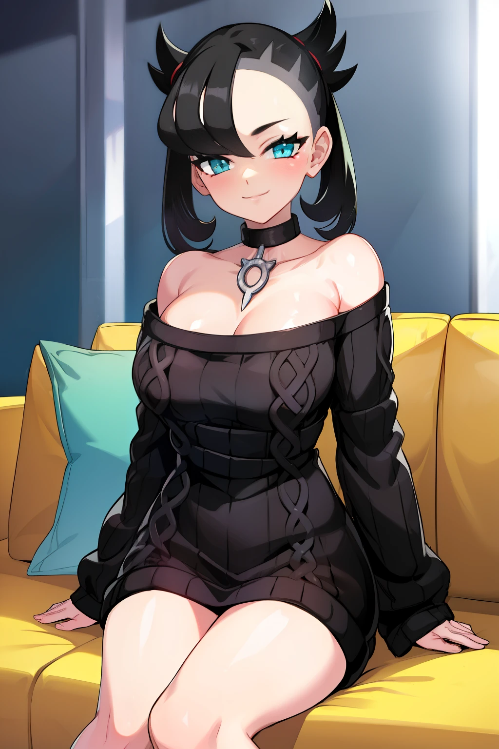 ((Marnie)), portrait, smiling, cleavage, black hair, wavy hair, gray sweater, ((oversized sweater:1.3)), face portrait, mature , full body shot, sitting on white couch, indoors, white couch, layed back, off 1 shoulder, bare shoulder, strapless, collarbone, cleavage