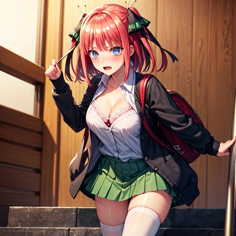 Pink hair、hi-school girl、butterfly hair band、Twin-tailed、Green skirt、Cardigan、Black lace panties、embarassed face、red blush、Teary-eyed、Solo、、(No bra),(No panties),(BDSM crab crotch)，Tied up、pussy juice、(SM Play)、(Crouching figure)、(opening legs)