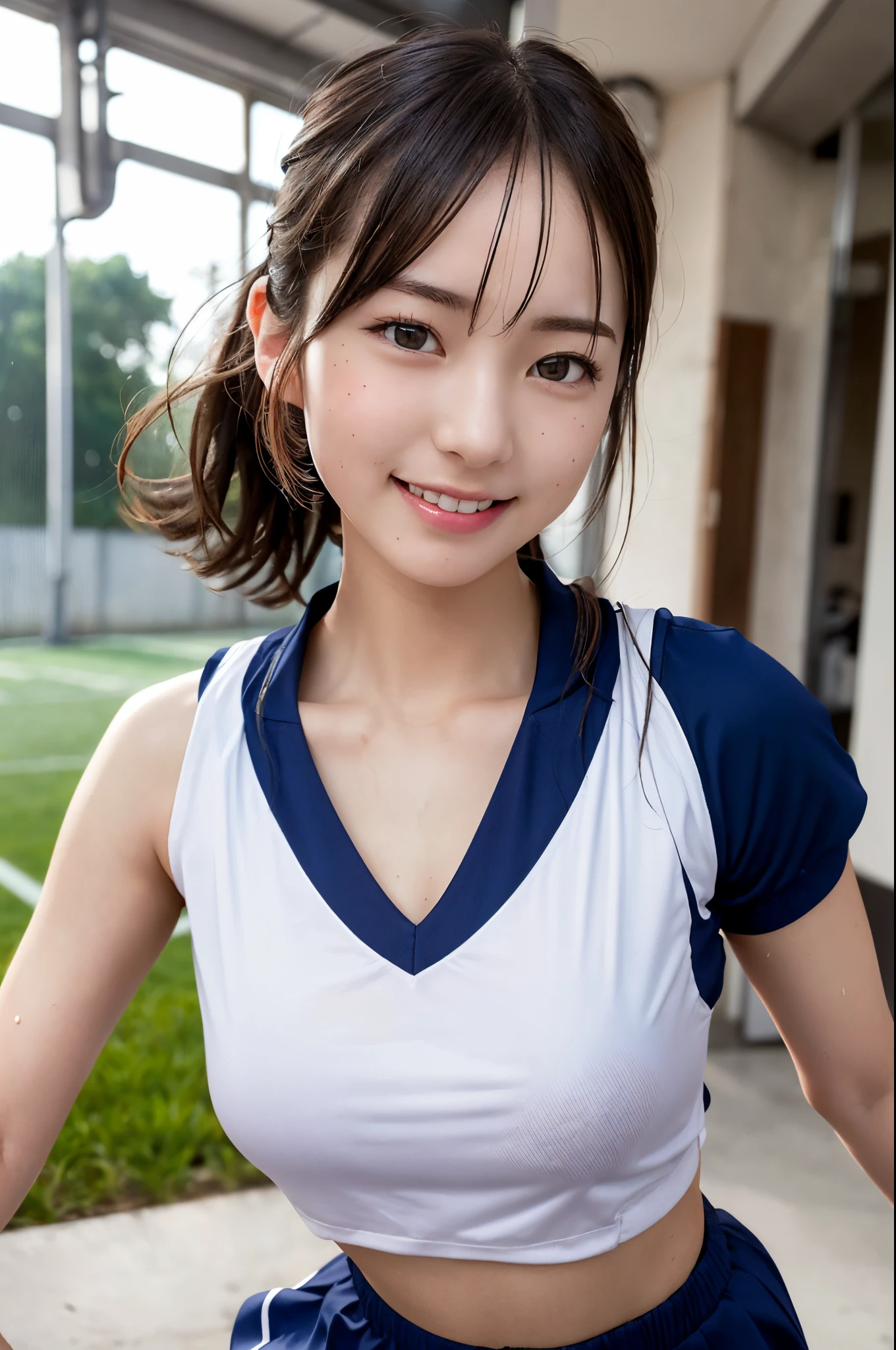 ((Beautiful Girl)), ((masutepiece)), (Best Quality:1.2), Ultra-detailed, girl, Solo, Small, side locks, fish-eye lens, ((Wearing an athletics uniform )), Detailed super cute face, (1 oriental beautiful girl), 12year old, ((Detailed beautiful face)), (Beautiful detailed eyes), beautiful detailed nose, Dense beauty body, EX Micro Crop Top, (Realistic, Photorealsitic:1.37), Happy smile, Midriff, underboob, cleavage, in a school, Japanese , ((Beautiful medium milk)) , Wet body, Shiny skin, Huge breasts, super detailed skin, Detailed, (Running form:1.3), Whole body, athletic field