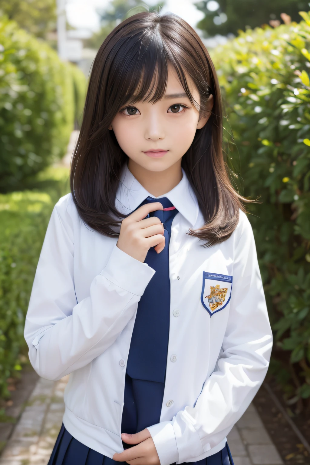(​masterpiece,top-quality,超A high resolution),A Japanese Lady, (((Very cute 12 year old girl、a beauty girl))), Annual Girl、View photographer､Front view,  ((Bob Hair)), hyper cute face, Glossy lips, Double eyelids in both eyes, Natural makeup, long eyelashes, Glossy smooth light brown long bob hair,(fullbody image),  Perfect limbs, Perfect Anatomy,(((School Uniforms)))