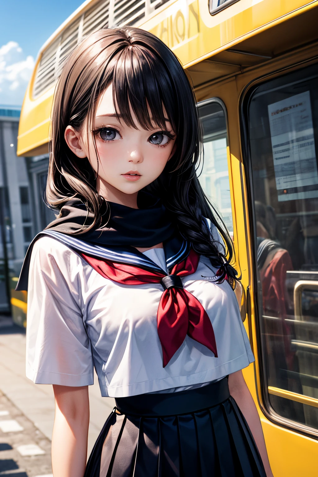 (masutepiece, Best Quality, High resolution, Ultra Detail, Is, 8K, Perfect Anatomy),
1 rapariga, Cute Girl, Medium chest、narrow waists, Black hair, Black eyes, Big eyes, Black eyes, Thick lip, Gloss on lips,
student clothes、a sailor suit、scarf, knit, Skirt, Inside the tour bus, i'i'i'I'm glad to see the scenery, Sunny,