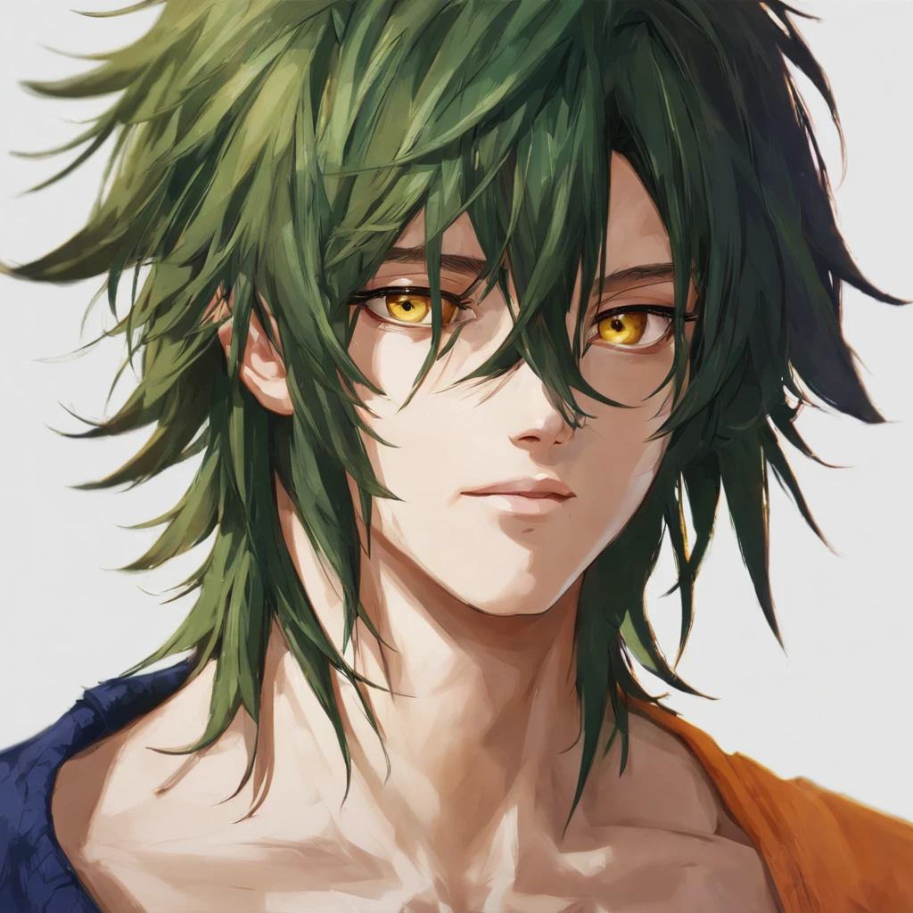 A BOY with messy LONG masculine hair, DARK GREEN hair, YELLOW eyes, PRETTY eyes, PRETTY FACE, (correct anatomy, advanced details, high quality result), (male), (solo), (young), (unique hair), [realistic], [vivid colors], [studio lighting], [sharp focus], [physically-based rendering], [extreme detail description], [portraits], [soft and warm tones], [natural lighting],