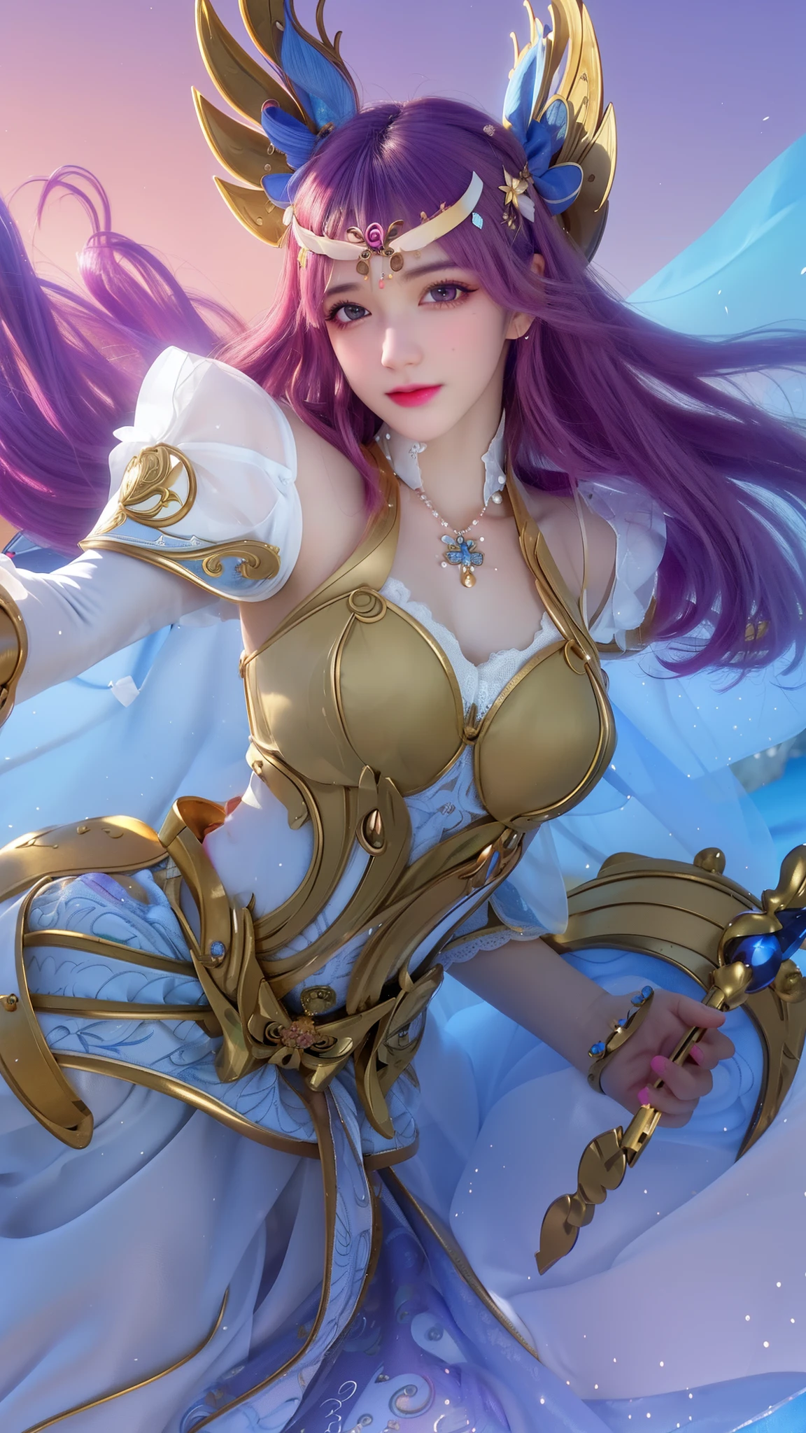 (8k, 4k, best quality, highres:1.2), (maasterpiece, realistic, photo realistic:1.37), 1girl, solo, beautiful face, eyelashes, nose, glossy lips, (detailed eyes, looking at viewer, fair skin, white skin:1.5), fine complexion, upper body, large breasts, busty,, (:1.5), outdoor onsen, two side up, absurdly long hair, blonde hair, pink hair, bangs, hair ornament, bow, younger, aged down