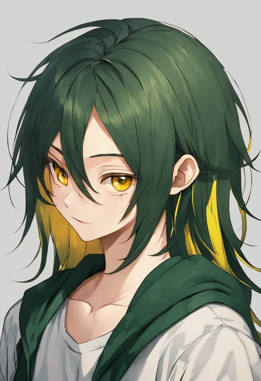 A BOY with messy LONG masculine hair, DARK GREEN hair, YELLOW eyes, PRETTY eyes, PRETTY FACE, (correct anatomy, advanced details, high quality result), (male), (solo), (young), (unique hair), [realistic], [vivid colors], [studio lighting], [sharp focus], [physically-based rendering], [extreme detail description], [portraits], [soft and warm tones], [natural lighting],