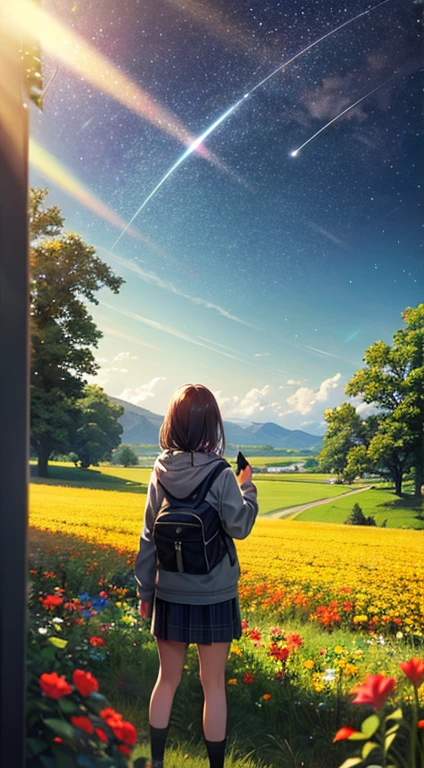 Expansive landscape photograph, (The sky is lower and wider々and visit the countryside), a girl standing on flower field looking up, (Take the keys: 1.2), (meteors: 0.9), (Starcloud: 1.3), Far Mountain, tree breaking art, (Warm light source: 1.2),...