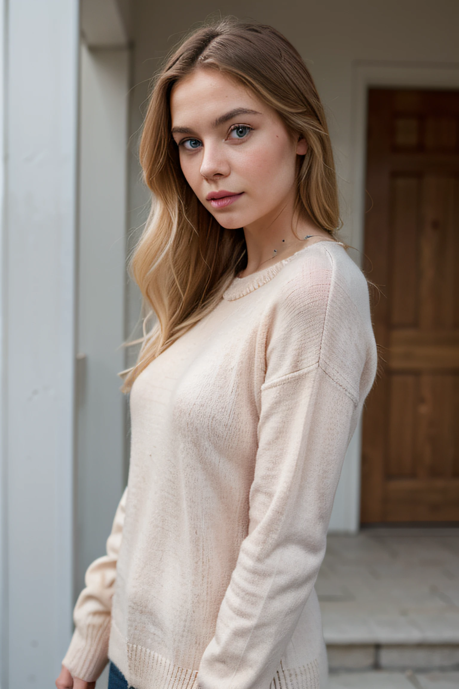 Extremely realistic blonde Russian girl with blonde hair and blue eyes, wearing a pink wool jumper, entire body, pic from the side