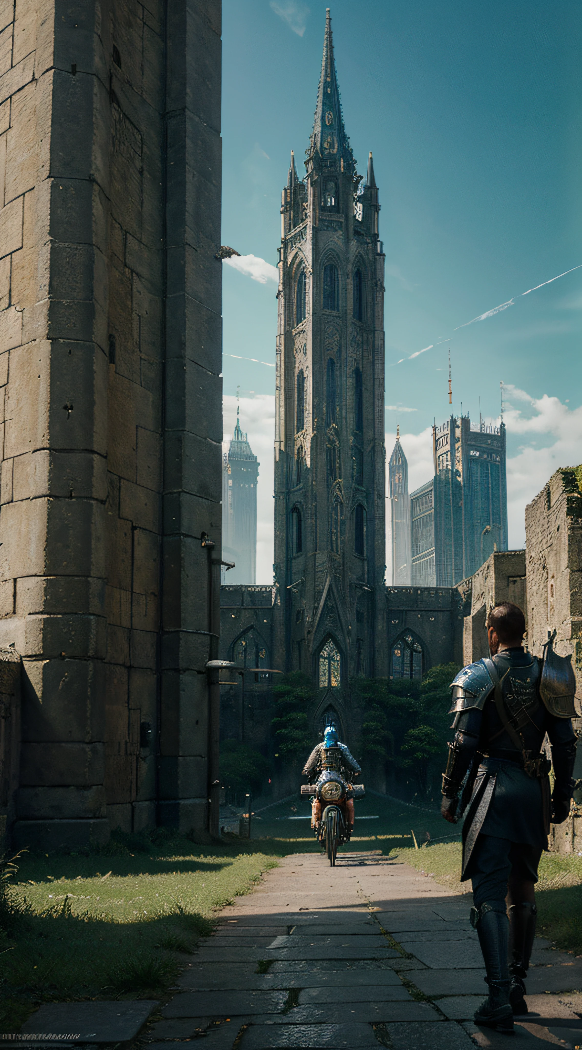 A medieval, futuristic city. (Best quality, 16k, Hdr, Masterpiece: 1.2) The premier plan for a chevalier in medieval costume is a futuristic outfit. background: la ville futuriste avec d&#39;imposing grtte-ciel derrière le cavalier. Troisième coup: les murs imposants d&#39;A vast medieval château surplombent the paysage on a verdoyante hill. Monde utopique. The city presents a fusion of future technology and d&#39;Medieval architecture, mélangeant l&#39;Esthétique cyberpunk with the motifs gothiques classiques. Les bâtiments sont ornés de sculptures complexes and de vitraux, refléchissant the lumière dans des couleurs vives. The paysage entourant la ville est parsemé de champions verdoyants et de ruines mystiques., vestiges d&#39;anciennes civilisations qui se fondent parfaitement avec la technologie de pointe du futur.Dans this fusion of medieval science fiction, The rencontre deux mondes crée un mélange harmonieux d&#39;histoire, fantaisie et innovation, offers a visual experience that is unique and captivating.