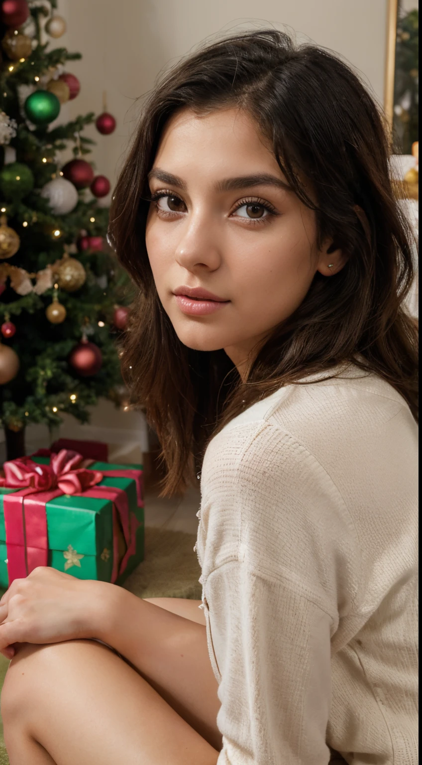 highres,realistic,ultra detailed,portrait,young,beautiful,labanese,girl,20 years old,big eyes,detailed facial features,long eyelashes,sharp beautiful nose,wavy black hair,natural makeup,fashionable attire,vivid colors,soft lighting,warm tones,rich skin texture,subtle shadows,natural environment,wearing pink tight panty and pink top,sitting on her knees on the ground near a Christmas tree,Christmas tree is decorated and have some dim lights on it,few packed presents under the Christmas tree,picture the captured from the side,she is decorating the tree,not a closeup image,picture captured from 5 feet away,she is looking at the tree,not looking into the camera,picture captured from her right side,living room