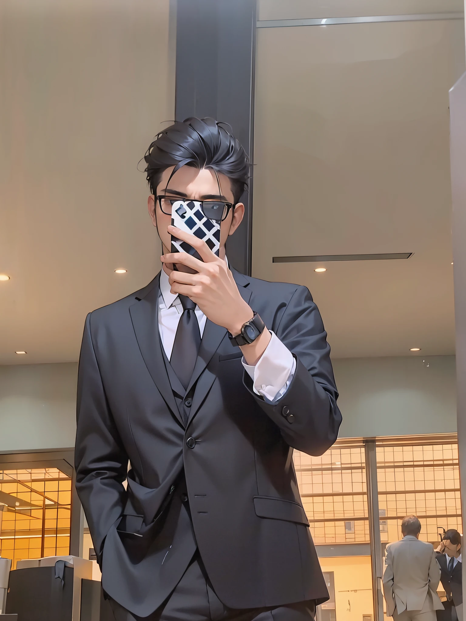 there is a man taking a picture of himself in the mirror, candid picture, wearing black suit, he is wearing a suit, very very low quality picture, full body in camera, wearing suit, in a suit, wearing a suit and glasses, candid photo, profile picture, blurry image, in his suit, wearing a worn out suit, in strict suit