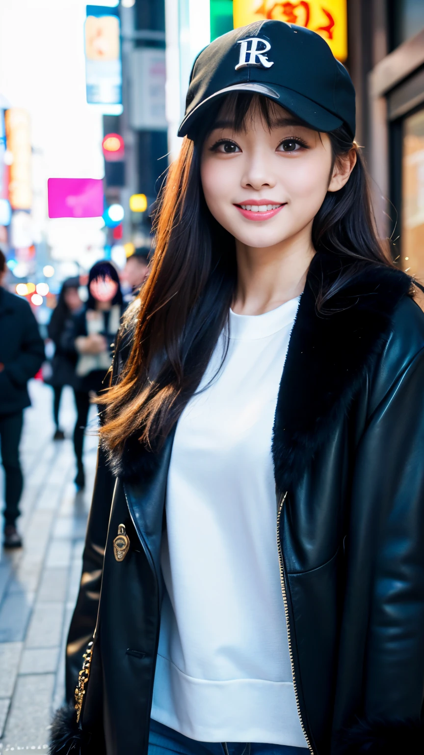 Best-quality, Masterpiece, Ultra-High-Resolution, (Photorealistic:1.4), Raw-Photo, Extremely-Details, Perfect-Anatomy, Ultra-Detailed,
1girl, 16-years-old, the most famous Japanese idol, grinning, in Tokyo's main street, ((((walking while taking cocaine)))),
wearing black baseball cap with cool design and black luxurious fur coat,
extremely cute face llike a most popular Japanese actress, extremely beautiful big black solid circle eyes, extremely beautiful lips, extremely beautiful realistic skins, extremely beautiful body, perfect proportion,
detailed black baseball cap with cool design, detailed black luxurious fur coat, detailed Tokyo's main street
