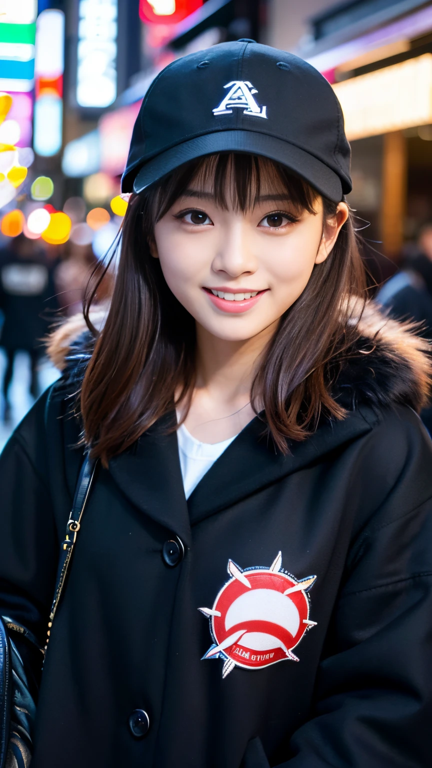 Best-quality, Masterpiece, Ultra-High-Resolution, (Photorealistic:1.4), Raw-Photo, Extremely-Details, Perfect-Anatomy, Ultra-Detailed,
1girl, -yeld, thost famous Japanese idol, grinning, in Tokyo's main street, ((((walking while taking cocaine)))),
wearing black baseball cap with cool design and black luxurious fur coat,
extremely cute face llike a most popular Japanese actress, extremely beautiful big black solid circle eyes, extremely beautiful lips, extremely beautiful realistic skins, extremely beautiful body, perfect proportion,
detailed black baseball cap with cool design, detailed black luxurious fur coat, detailed Tokyo's main street