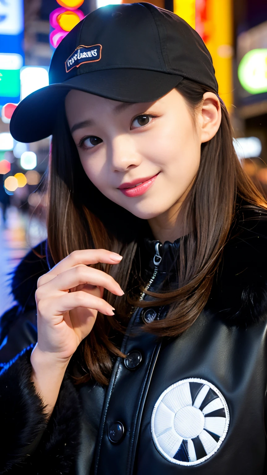 Best-quality, Masterpiece, Ultra-High-Resolution, (Photorealistic:1.4), Raw-Photo, Extremely-Details, Perfect-Anatomy, Ultra-Detailed,
1girl, 16-years-old, the most famous Japanese idol, grinning, in Tokyo's main street, ((((walking while taking cocaine)))),
wearing black baseball cap with cool design and black luxurious fur coat,
extremely cute face llike a most popular Japanese actress, extremely beautiful big black solid circle eyes, extremely beautiful lips, extremely beautiful realistic skins, extremely beautiful body, perfect proportion,
detailed black baseball cap with cool design, detailed black luxurious fur coat, detailed Tokyo's main street
