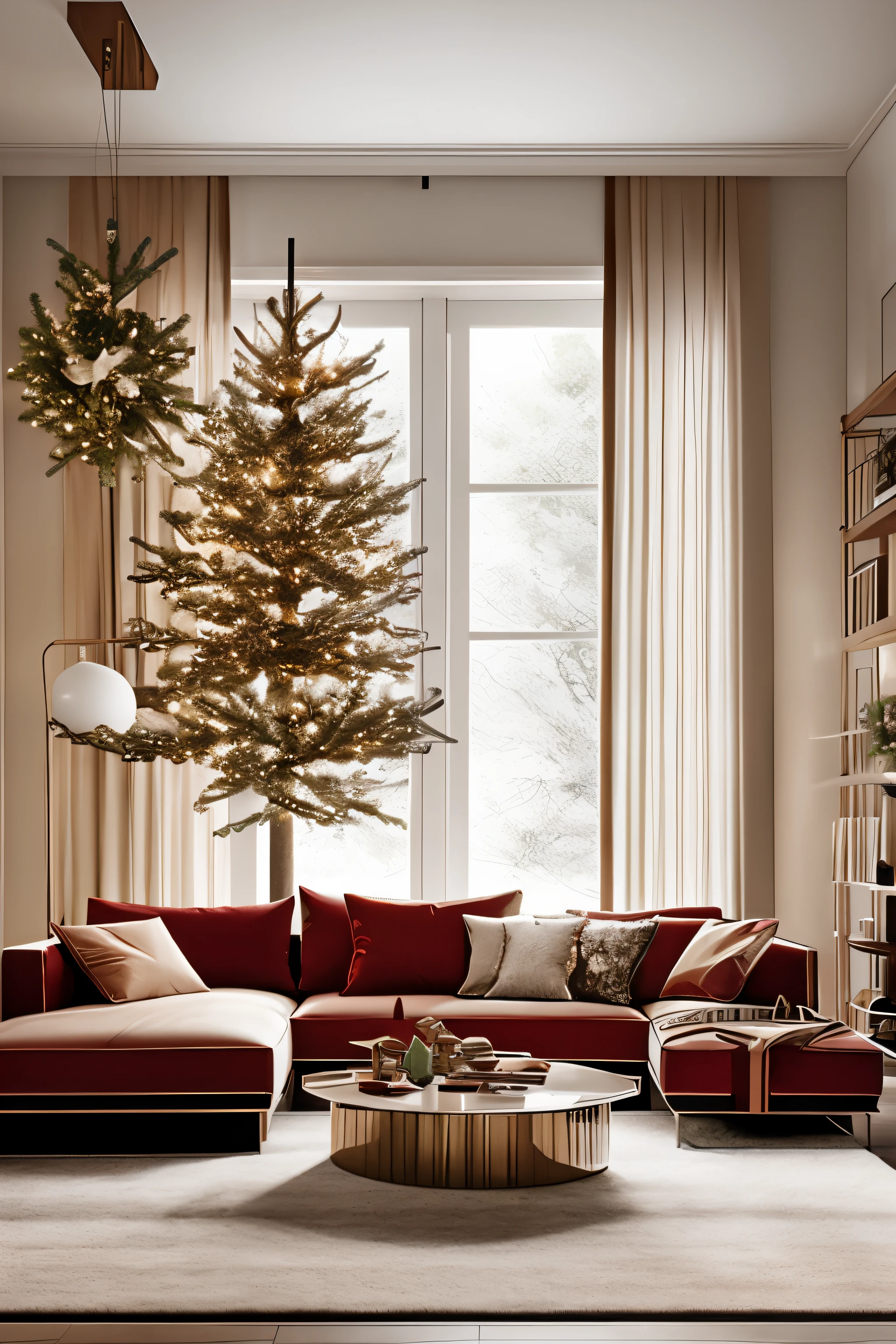 "Create the interior design for a modern living room adorned for Christmas 2024, featuring a warm color palette."