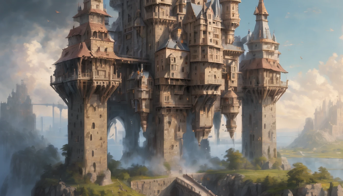 (best quality, masterpiece), a colossal moving mech castle, an engineering marvel that traverses the land with a commanding presence. Its towering walls are fortified with intricate designs, adorned with menacing turrets and battlements. The castle strides forward on massive legs, carrying an air of both regality and indomitable strength. Best quality, intricate details, clean lines, eye-catching composition, soft tones, anime realism, perfect illustration, ultra high definition, 8k