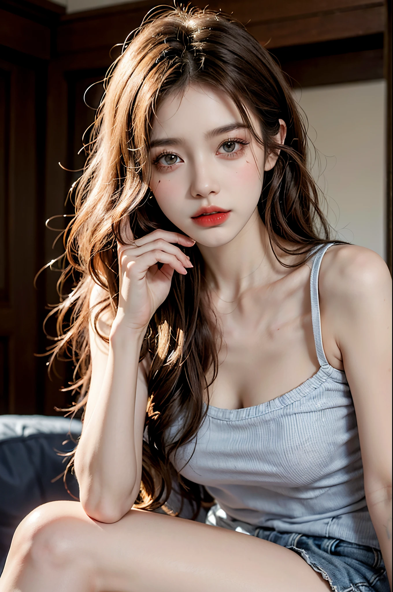 Special clothes39,maid, ((knee shot)), fashi-girl, red lips, mature female, makeup, realisticlying, A high resolution, 1girl, Alone, Just look at the audience, (详细的脸), Nice big eyes, Ultra-fine makeup, Long blonde hair, curlies, messy  hair, A plump chest, Skinny figure, Random scenes, Random shooting angle, Casual pose, posing elegantly, Lazy expression