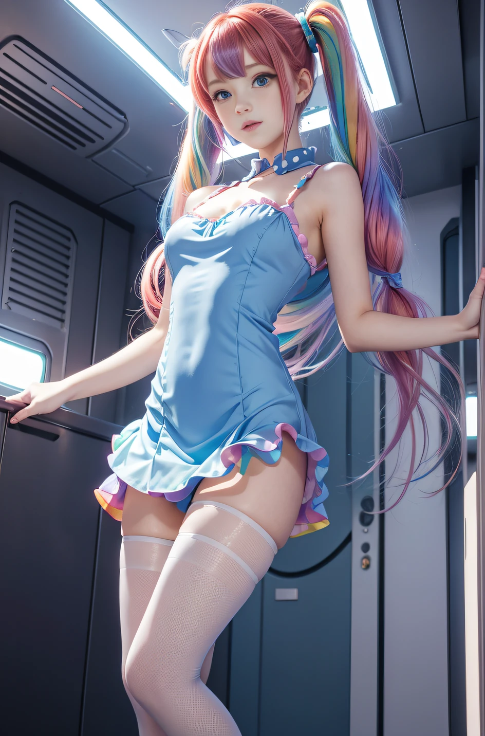 Cute redhead, gravure Idol, with rainbow colored hair tips, ribbons in her hair, 18-year-old woman, happy, in twin tails, perfect symmetrical eyes, clear sparkling blue eyes, pale skin, silky smooth skin, standing on a fancy luxurious space ship, large futuristic corridor, control panels, wood trim, decorative plants, warm lighting, wearing a futuristic party dress, pleated (chemise) mini dress (pastel rainbow colors, and polka dots), wearing full body pantyhose, cute short cut booties.