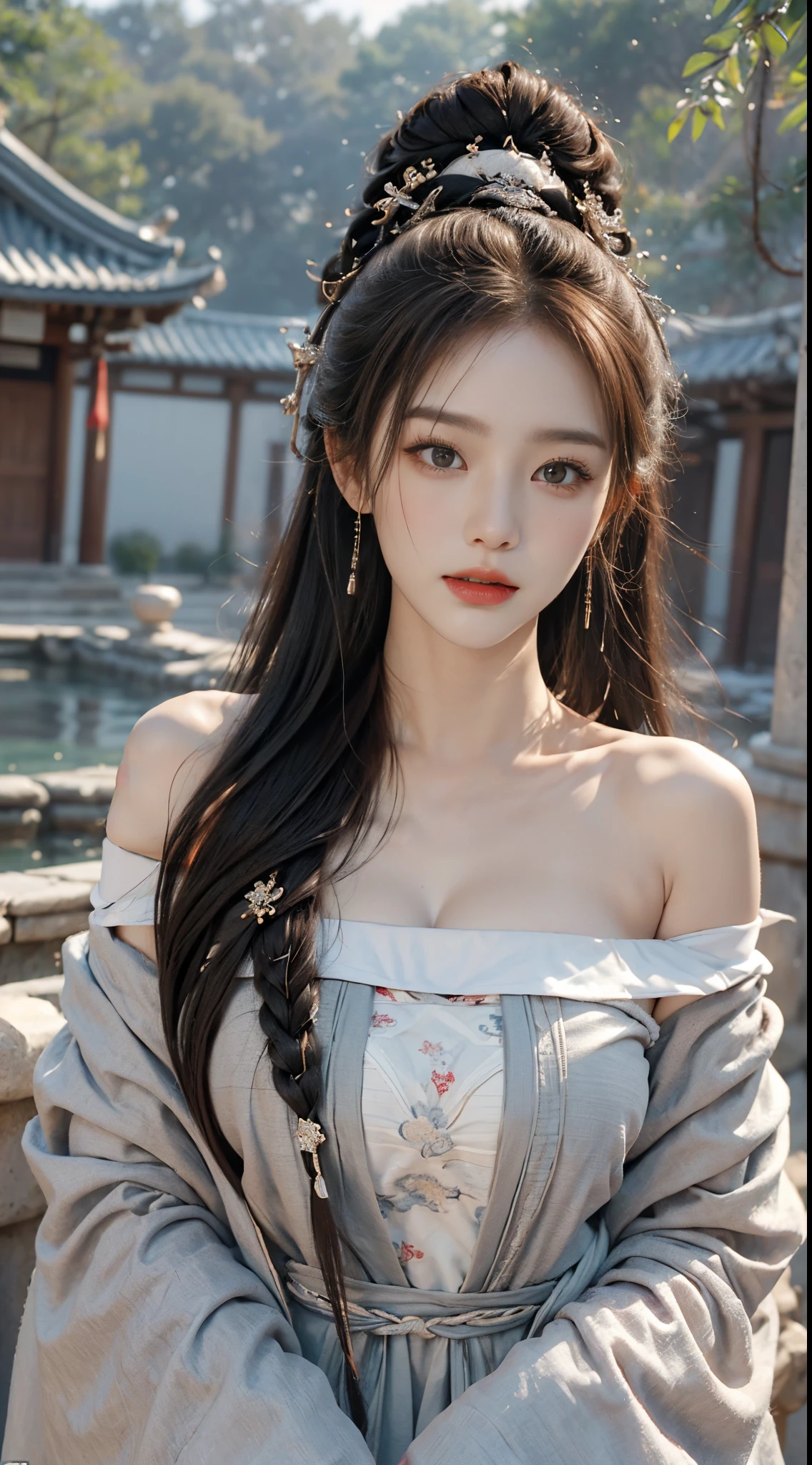 ((Best quality at best, 8K, tmasterpiece:1.3)), focal:1.2,Bust photo，Upper limb 4，ancient wind，Red off-shoulder Hanfu，Ultra-realistic skin texture，Beautiful woman with perfect figure:1.4, hip is cocked:1.2, ((Cut your hair into layers, ordinary:1.2)), , (Sateen, Temples:1.3), Highly Detailed Face and Skin Textur, 詳細な目, 二重まぶた，Whitening Skin，Long gray hair,(with a round face:1.5)，soaking