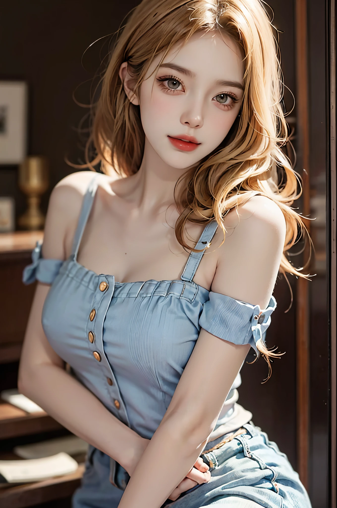 Special clothes34,bare shoulders,shirt, ((knee shot)), fashi-girl, red lips, mature female, makeup, realisticlying, A high resolution, 1girl, Alone, Just look at the audience, (详细的脸), Hefty Smile, Nice big eyes, Ultra-fine makeup, Long blonde hair, curlies, messy  hair, A plump chest, Skinny figure, Random scenes, Random shooting angle, Casual pose, posing elegantly, Lazy expression